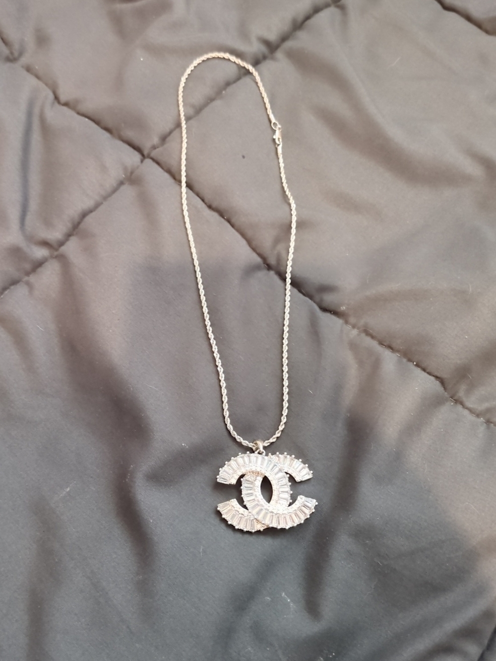 Chanel Crystal Interlocking Logo Pendant Necklace - Silver
